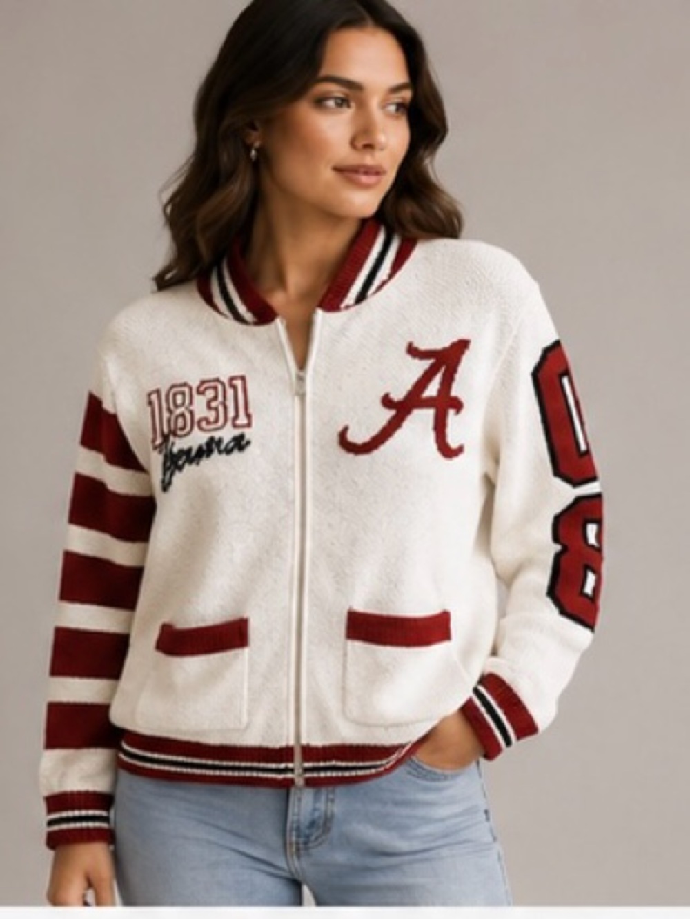 The Wild Collective Cream Alabama Crimson Tide Full-Zip Jacquard Sweater